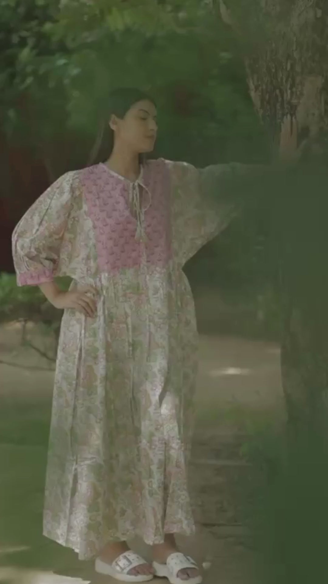Women Cotton Midi Dress, Hand Block Printed Floral Dress, Boho Chic Flowy Gown, Long Sleeves With Pockets, Flowy Sustainable Gift For Her