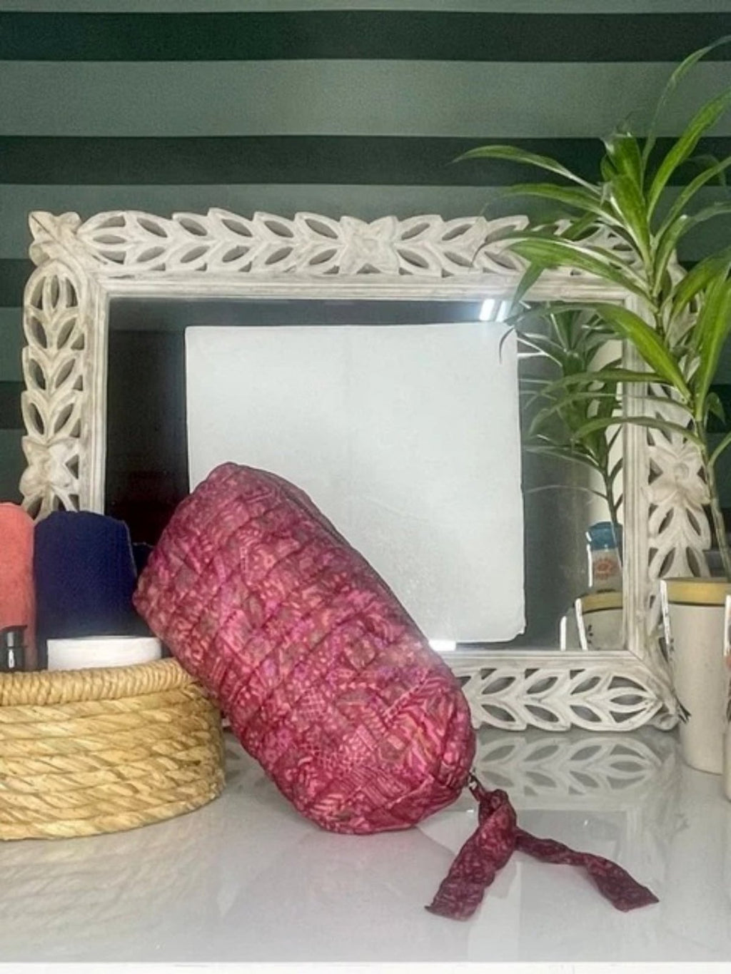 block-printed Silk Toiletry Bag Set of 3 in paisley
