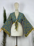 Bell-Sleeve Wrap Top in blue yellow paisley