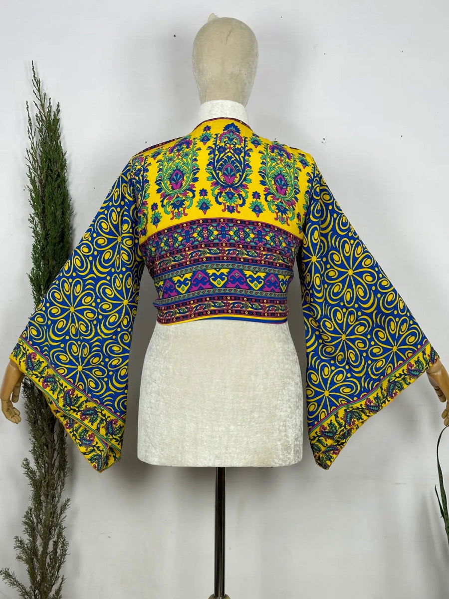 Bell-Sleeve Wrap Top in blue yellow paisley