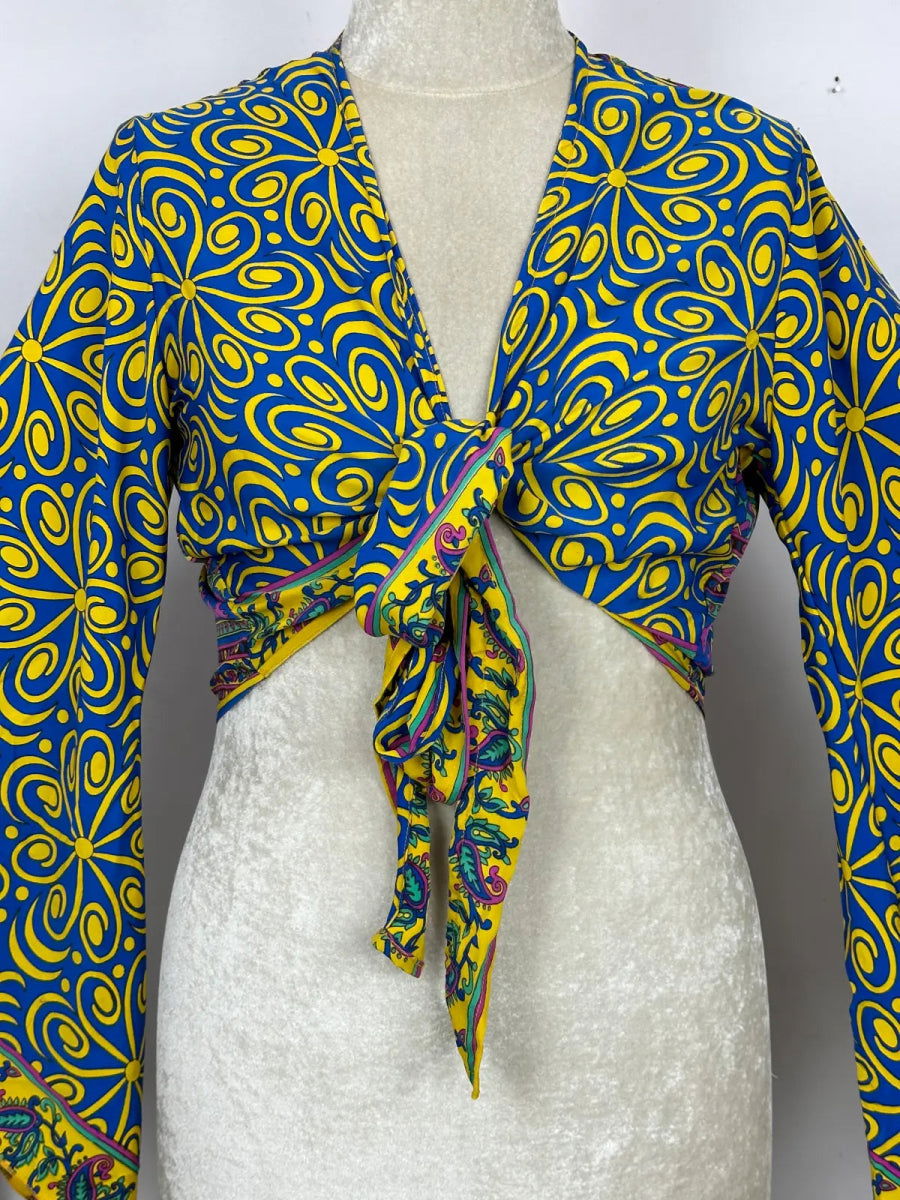 Bell-Sleeve Wrap Top in blue yellow paisley