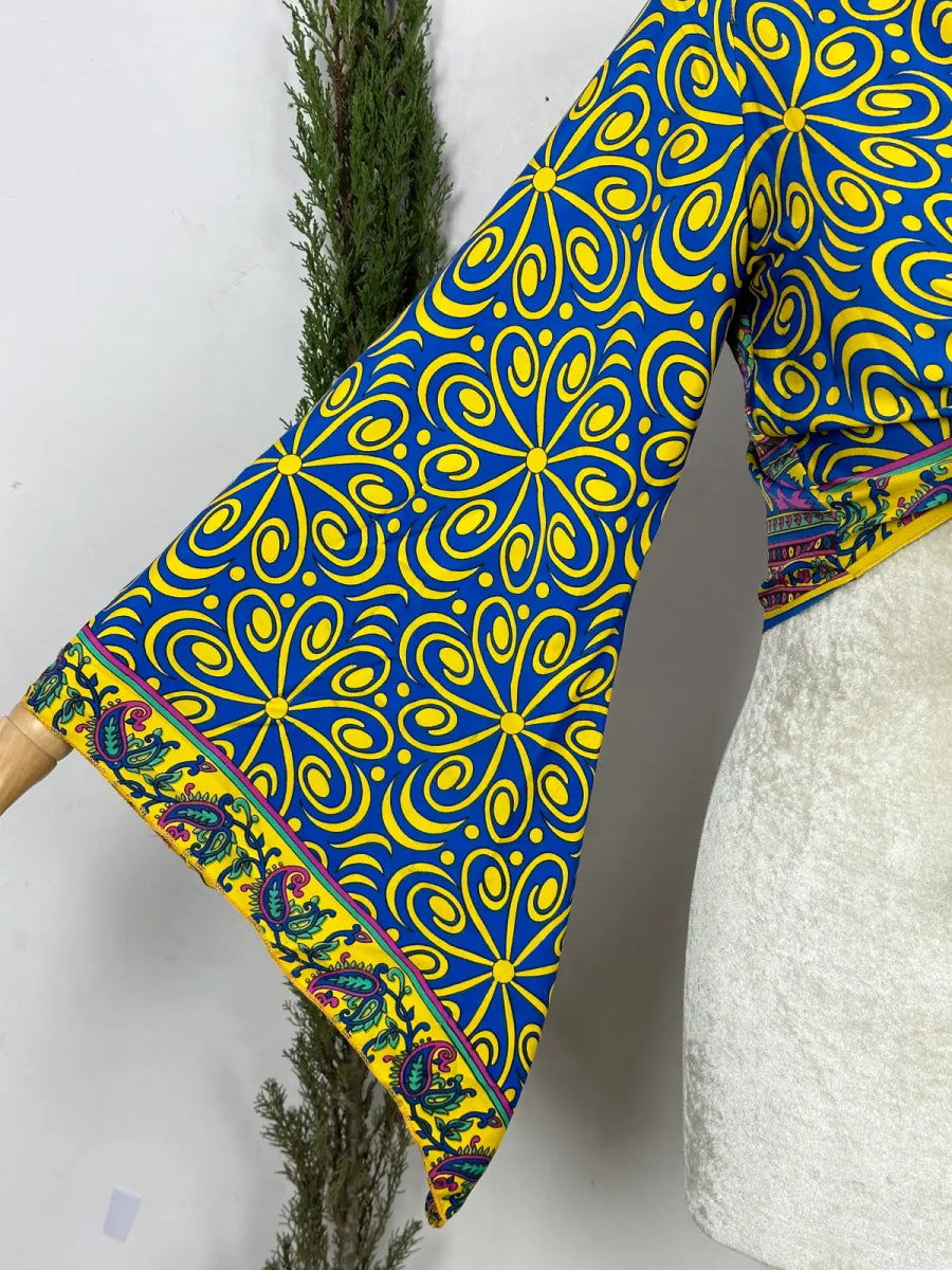 Bell-Sleeve Wrap Top in blue yellow paisley