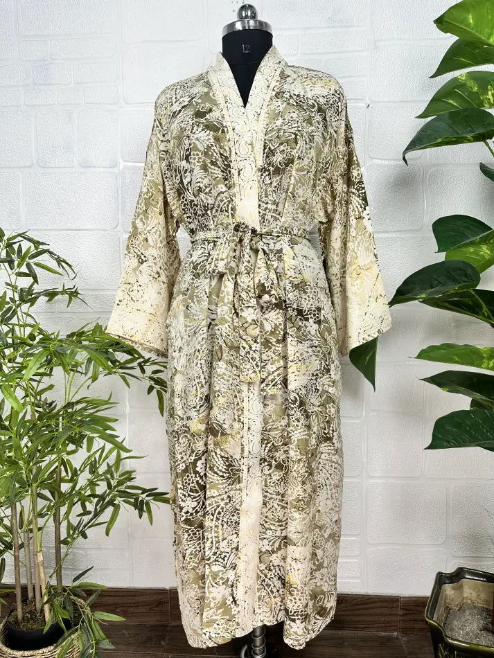 Women's Silk Kimono Robe in beige brown floral