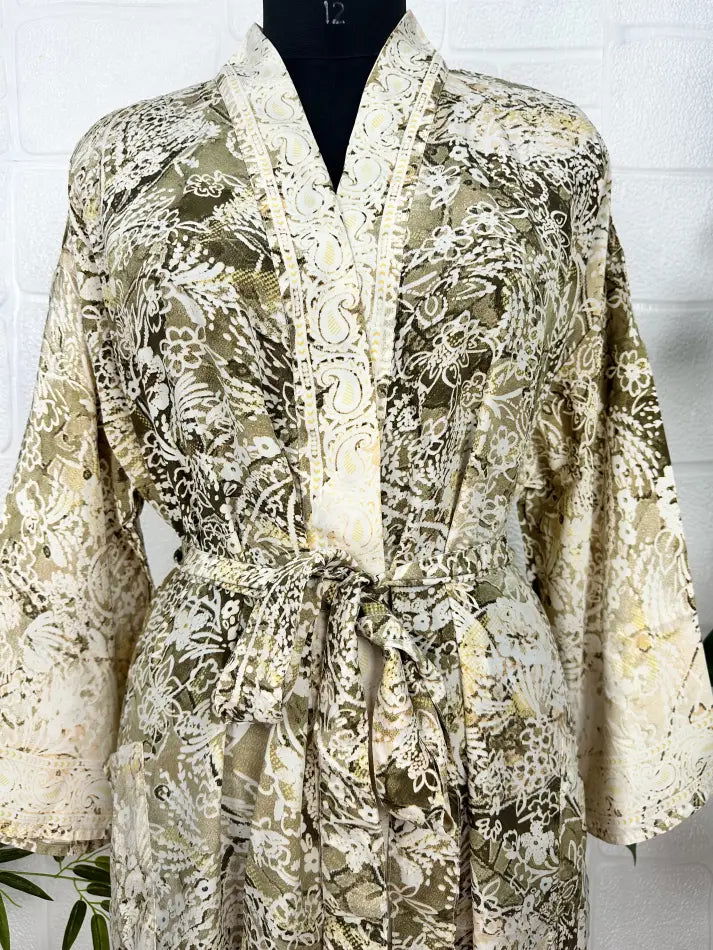 Women's Silk Kimono Robe in beige brown floral