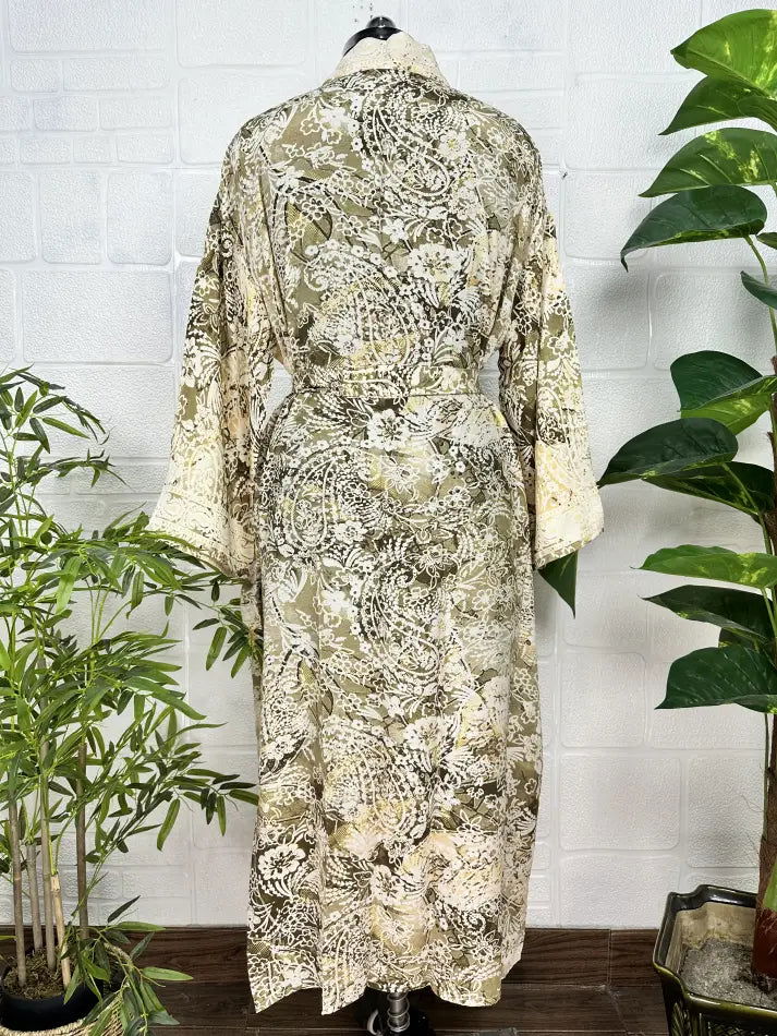 Women's Silk Kimono Robe in beige brown floral