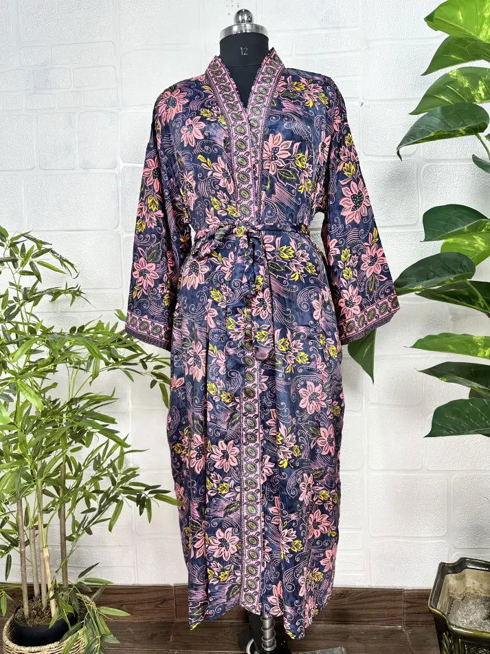 Women's Silk Kimono Robe in black pink floral