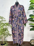 Women's Silk Kimono Robe in black pink floral