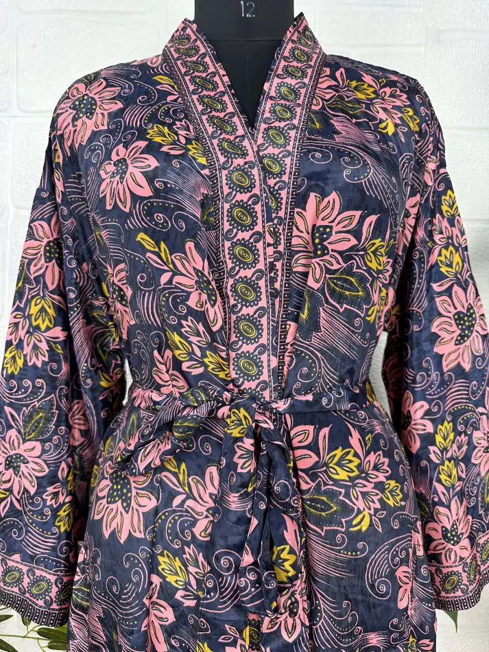 Women's Silk Kimono Robe in black pink floral