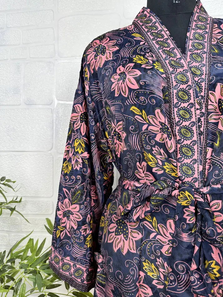 Women's Silk Kimono Robe in black pink floral