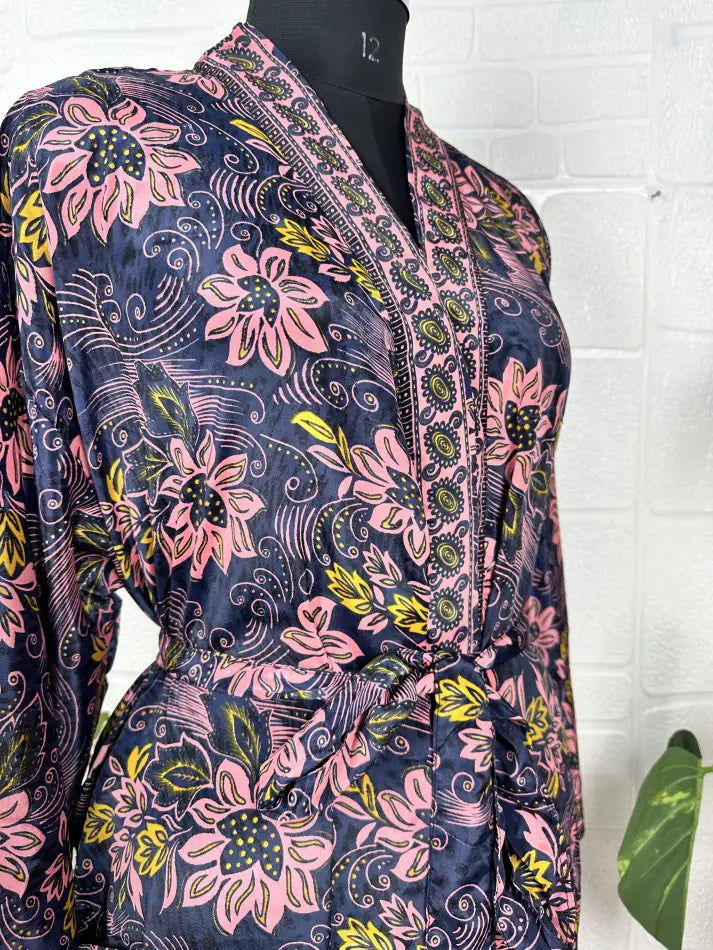 Women's Silk Kimono Robe in black pink floral
