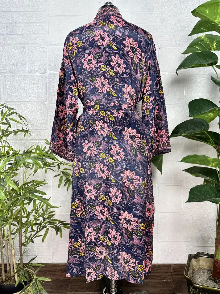 Women's Silk Kimono Robe in black pink floral