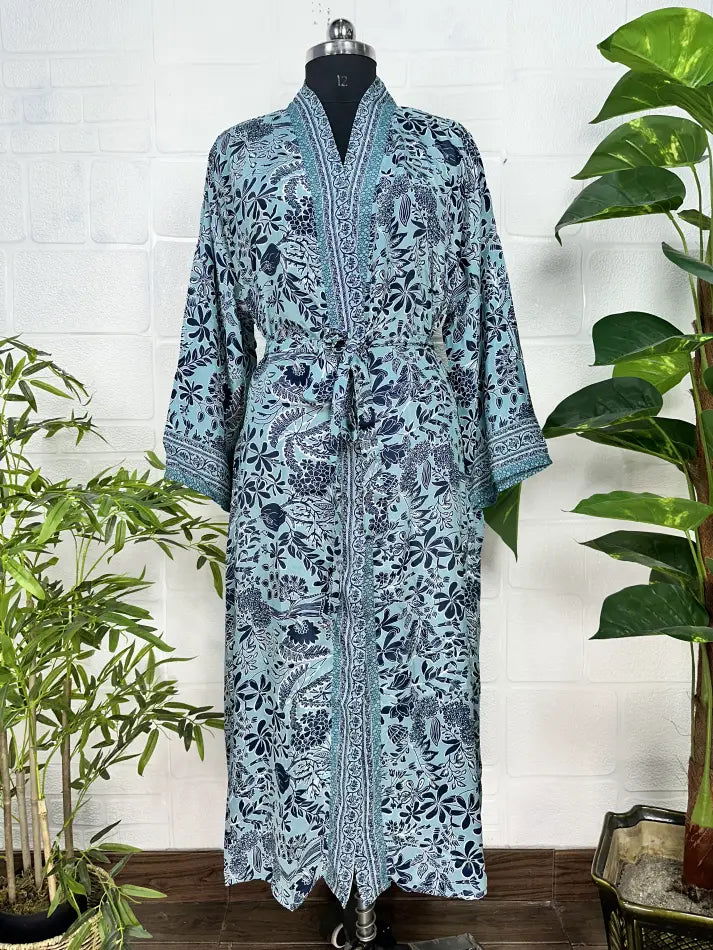 Women's Silk Kimono Robe in blue black floral