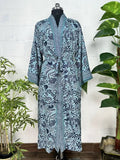 Women's Silk Kimono Robe in blue black floral