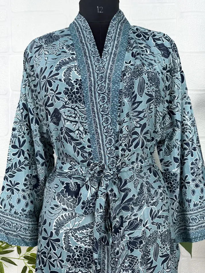 Women's Silk Kimono Robe in blue black floral