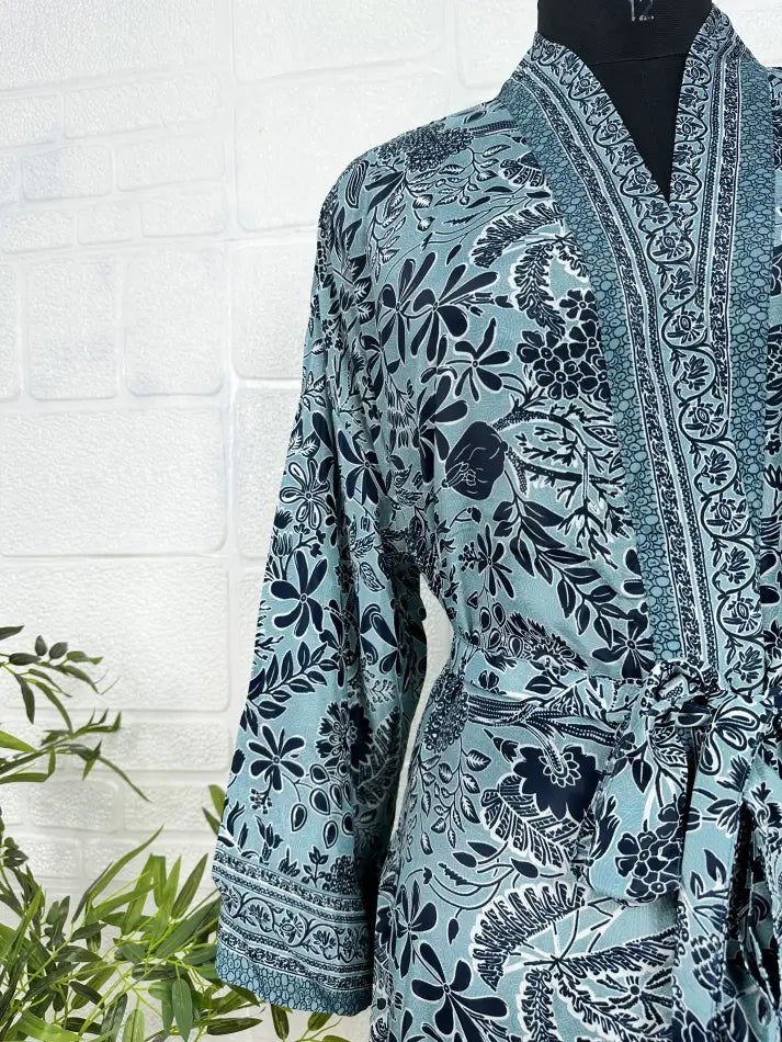 Women's Silk Kimono Robe in blue black floral