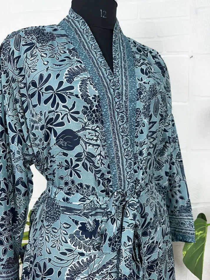 Women's Silk Kimono Robe in blue black floral
