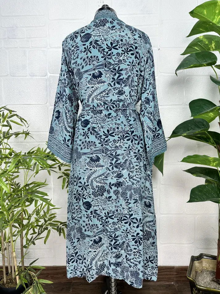 Women's Silk Kimono Robe in blue black floral