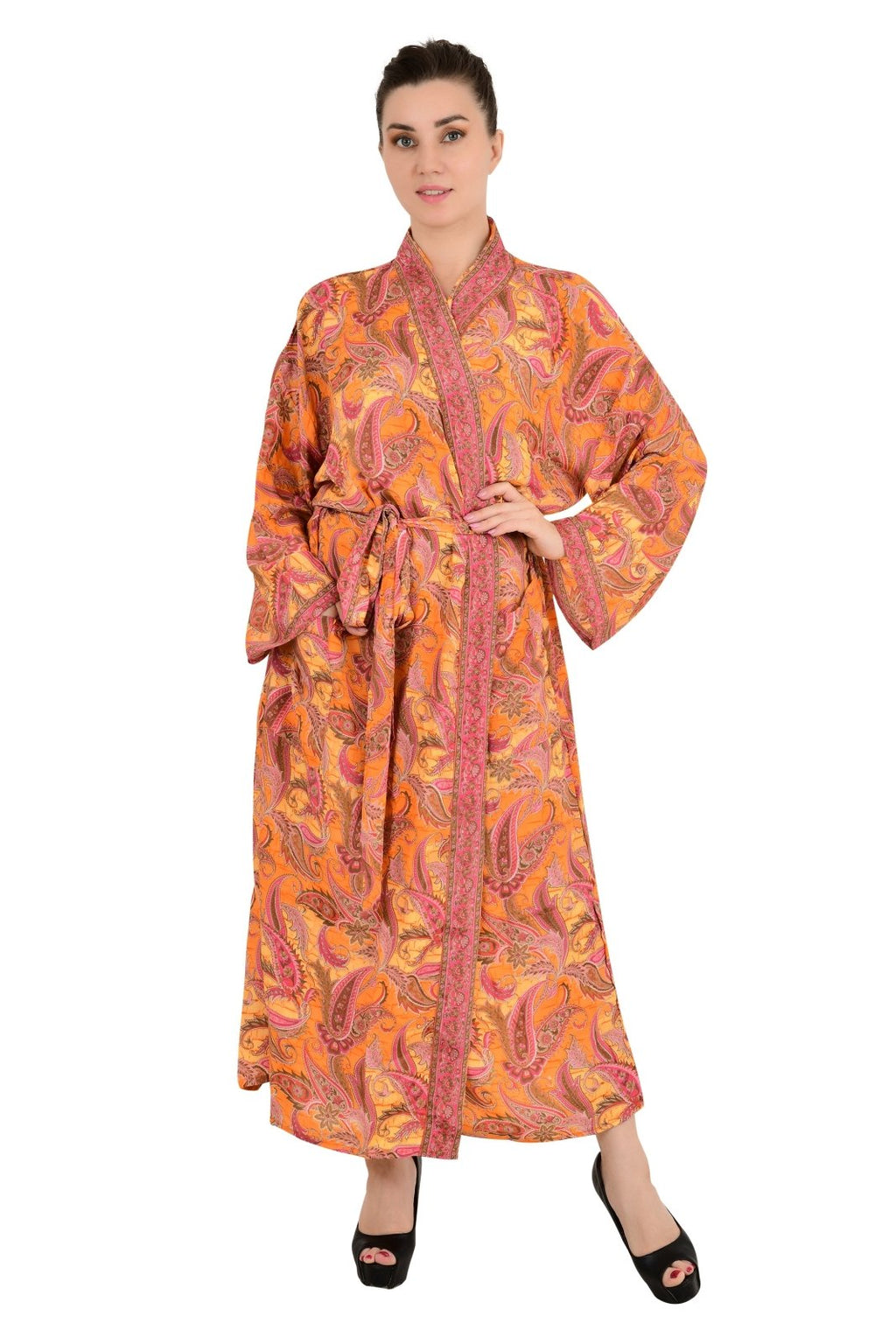 Women's Silk Kimono Robe in orange paisley