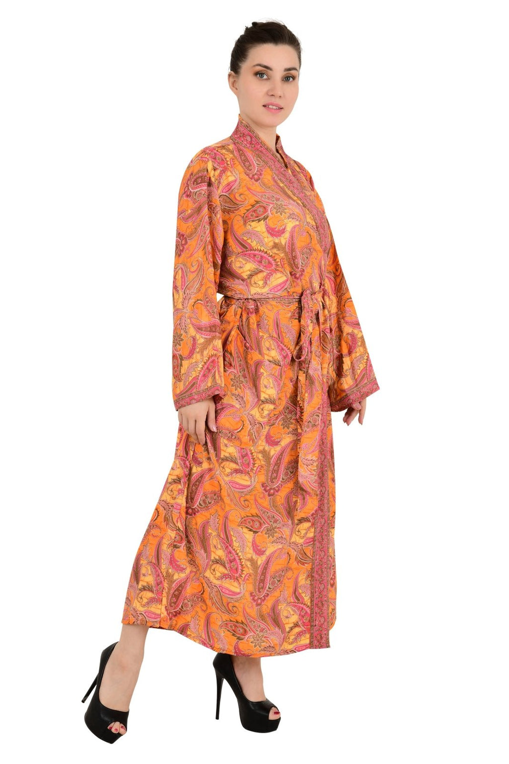 Women's Silk Kimono Robe in orange paisley