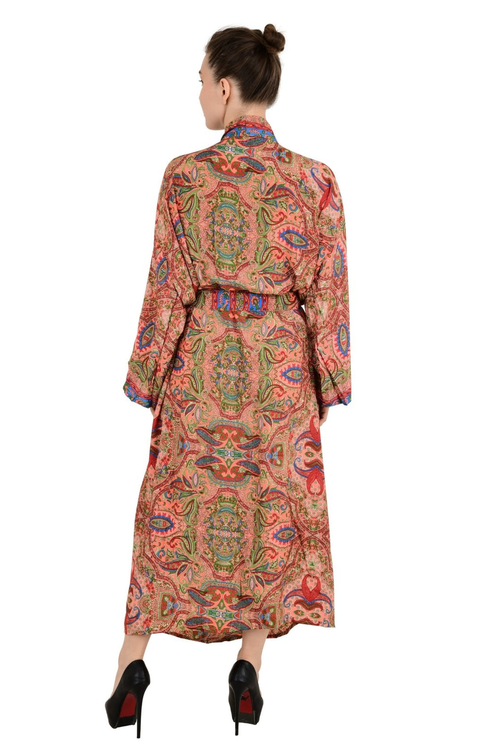 Women's Silk Kimono Robe in pink blue paisley