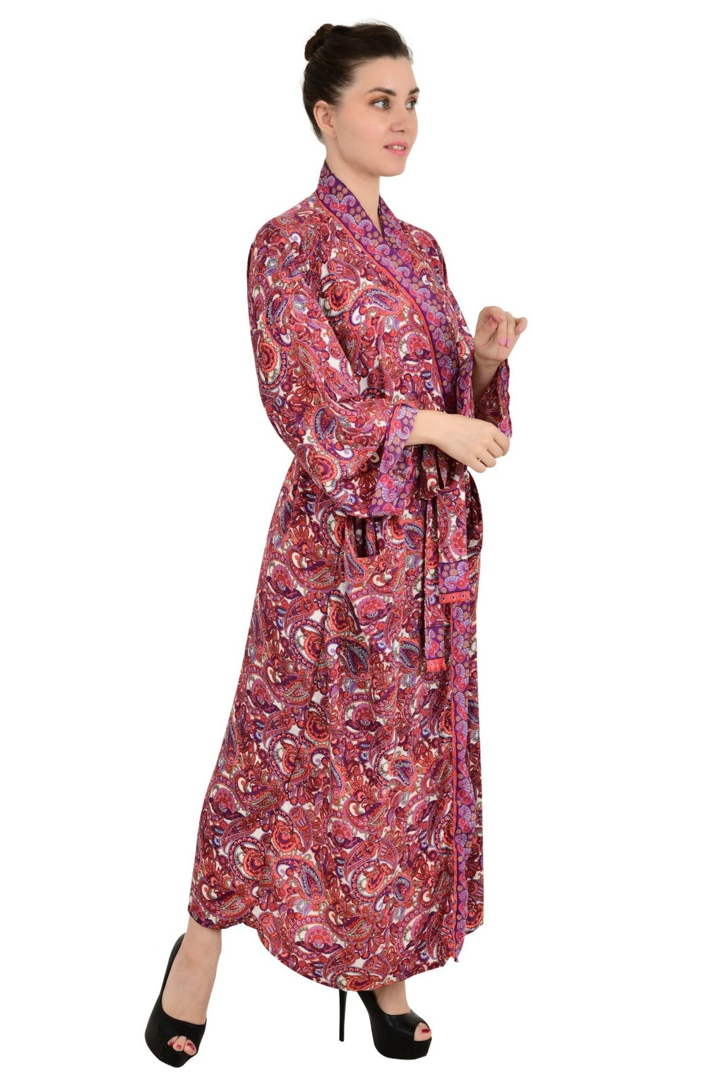 Women's Silk Kimono Robe in red white paisley