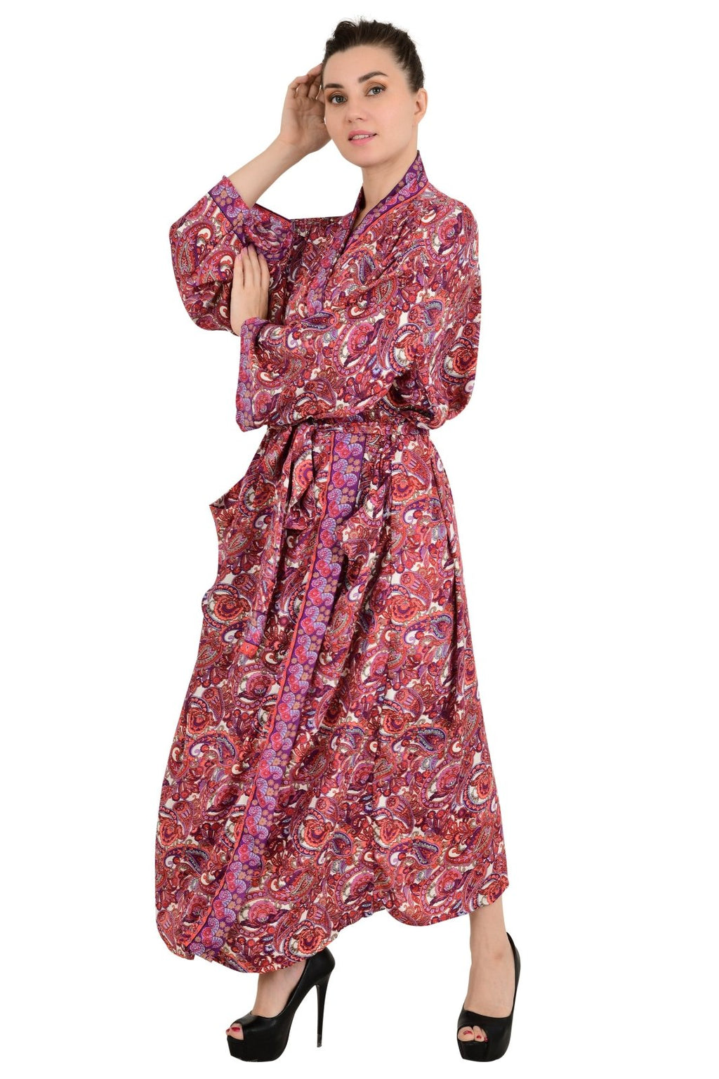 Women's Silk Kimono Robe in red white paisley