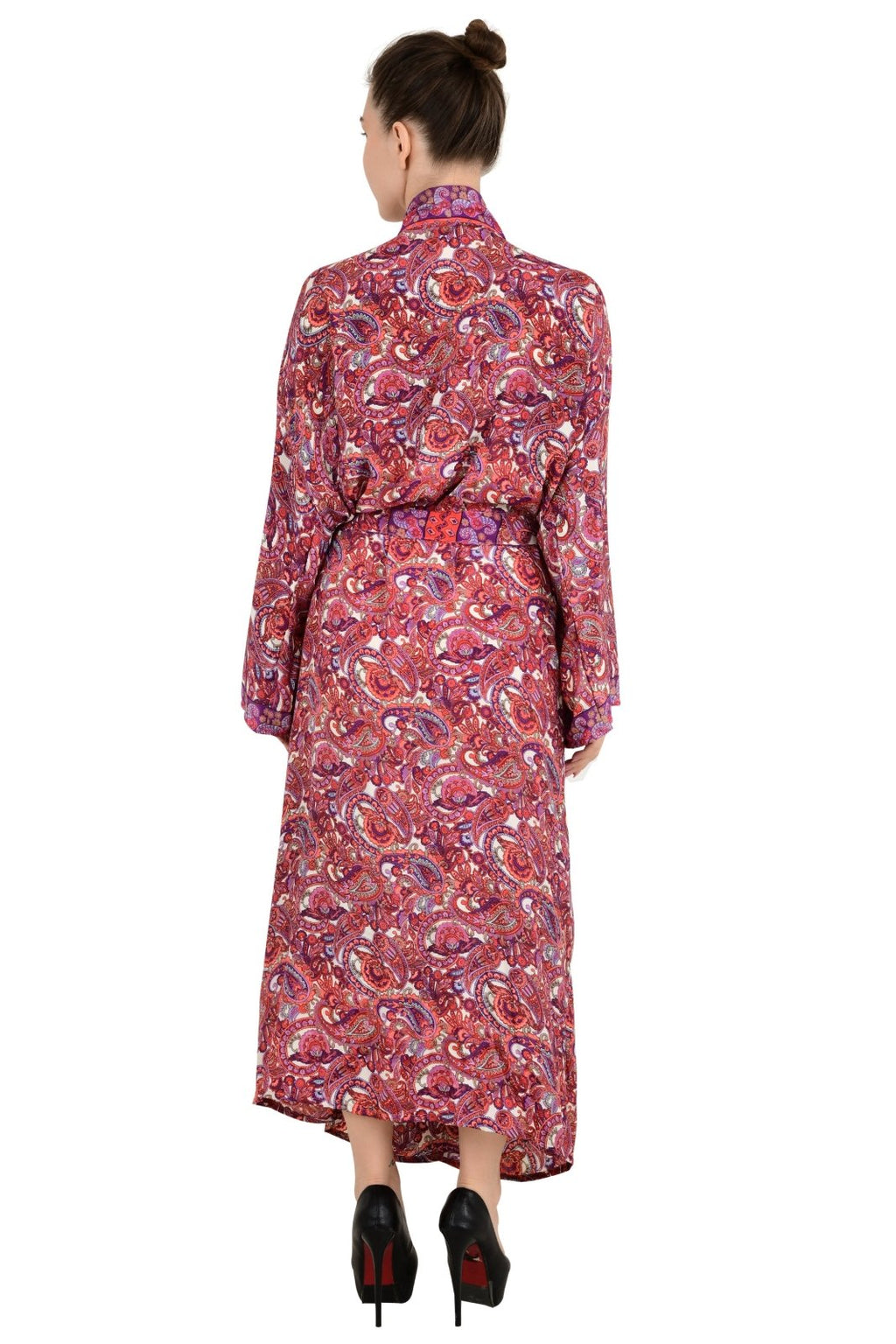 Women's Silk Kimono Robe in red white paisley
