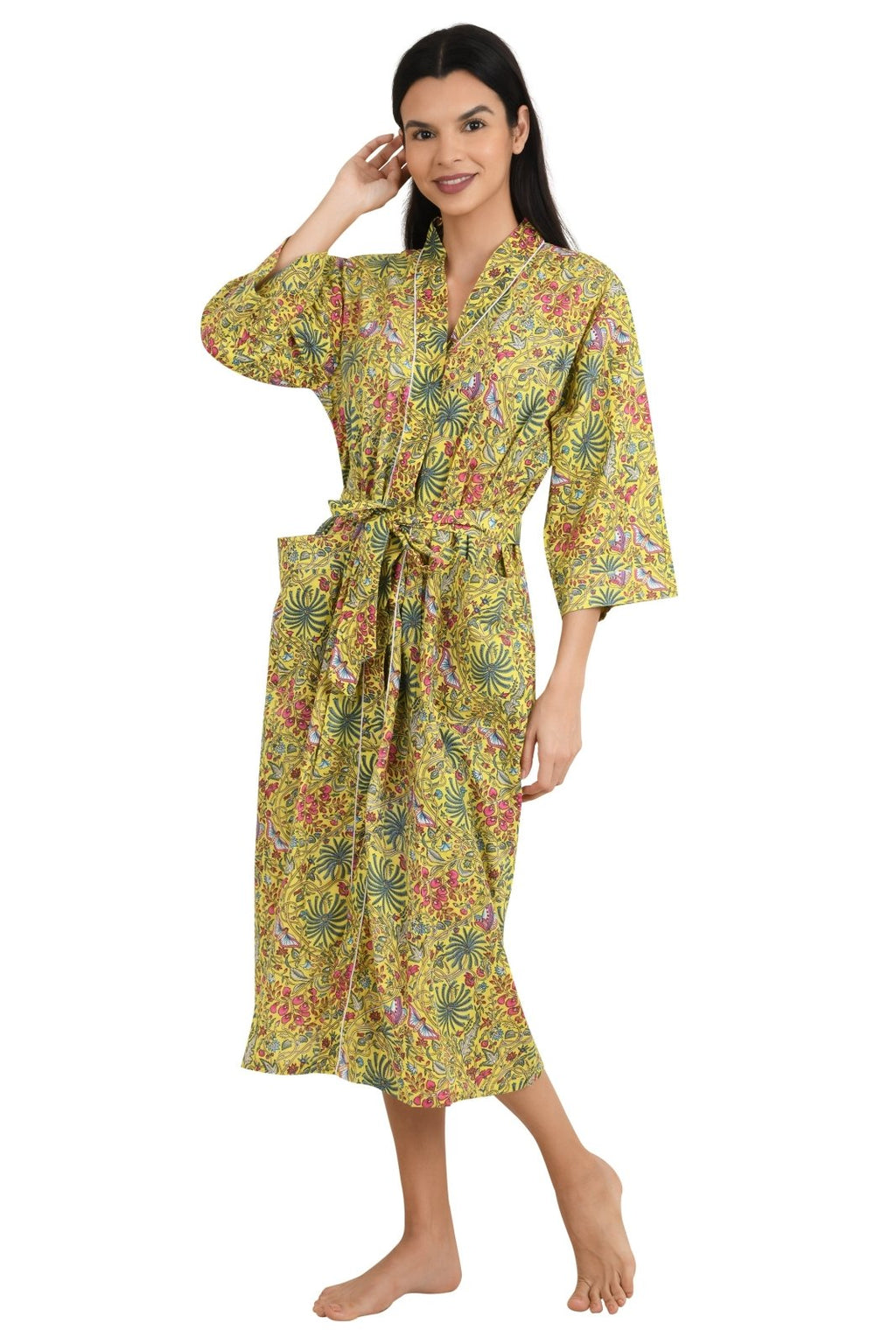 block-printed Cotton Kimono Robe in butterfly
