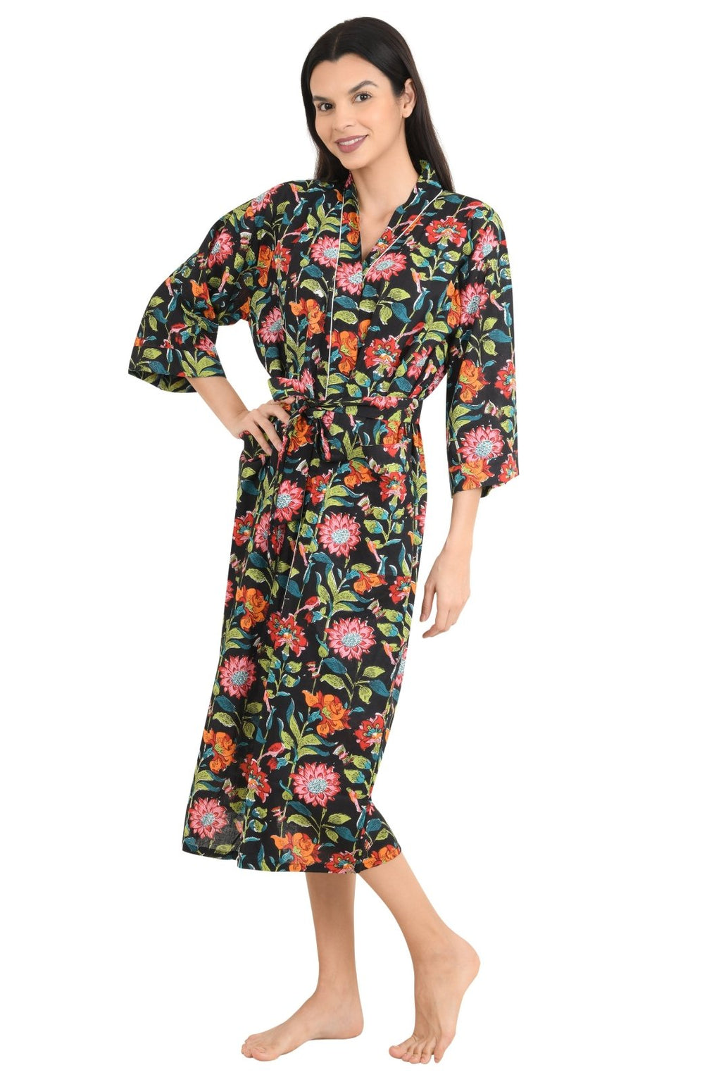 block-printed Cotton Kimono Robe in floral