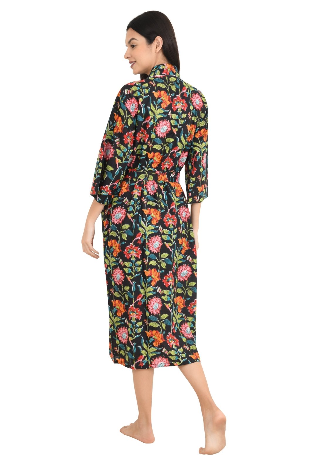 block-printed Cotton Kimono Robe in floral