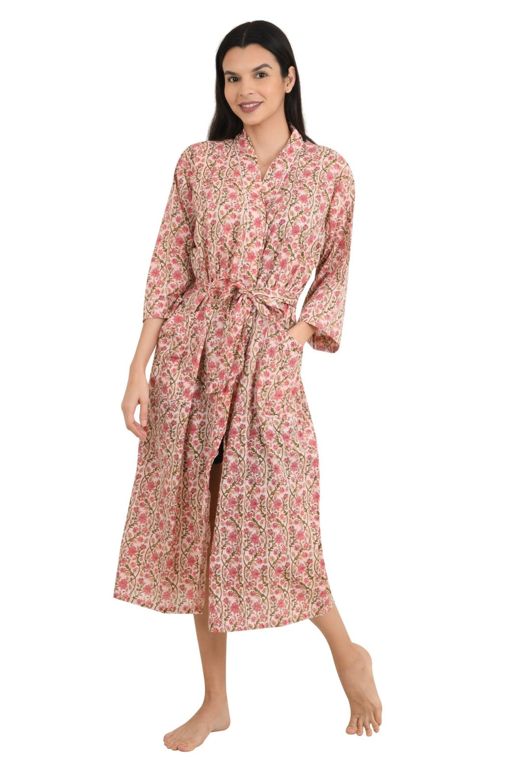 block-printed Cotton Kimono Robe in floral