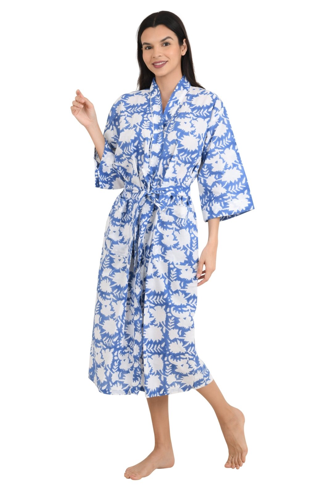 block-printed Cotton Kimono Robe in floral