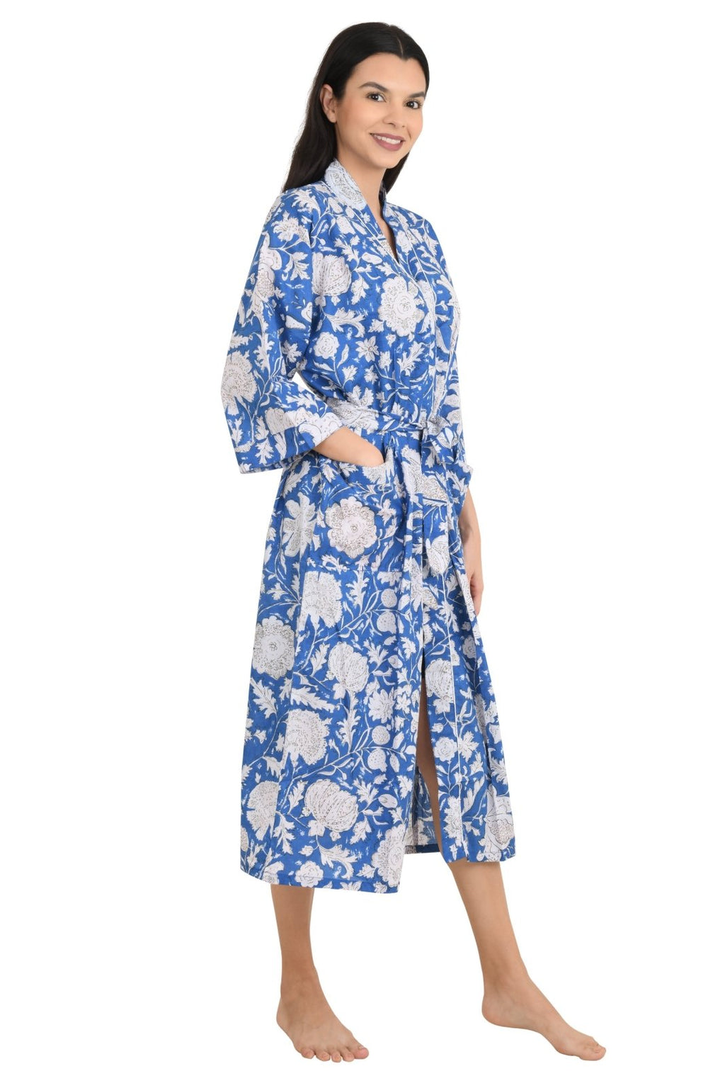 block-printed Cotton Kimono Robe in floral