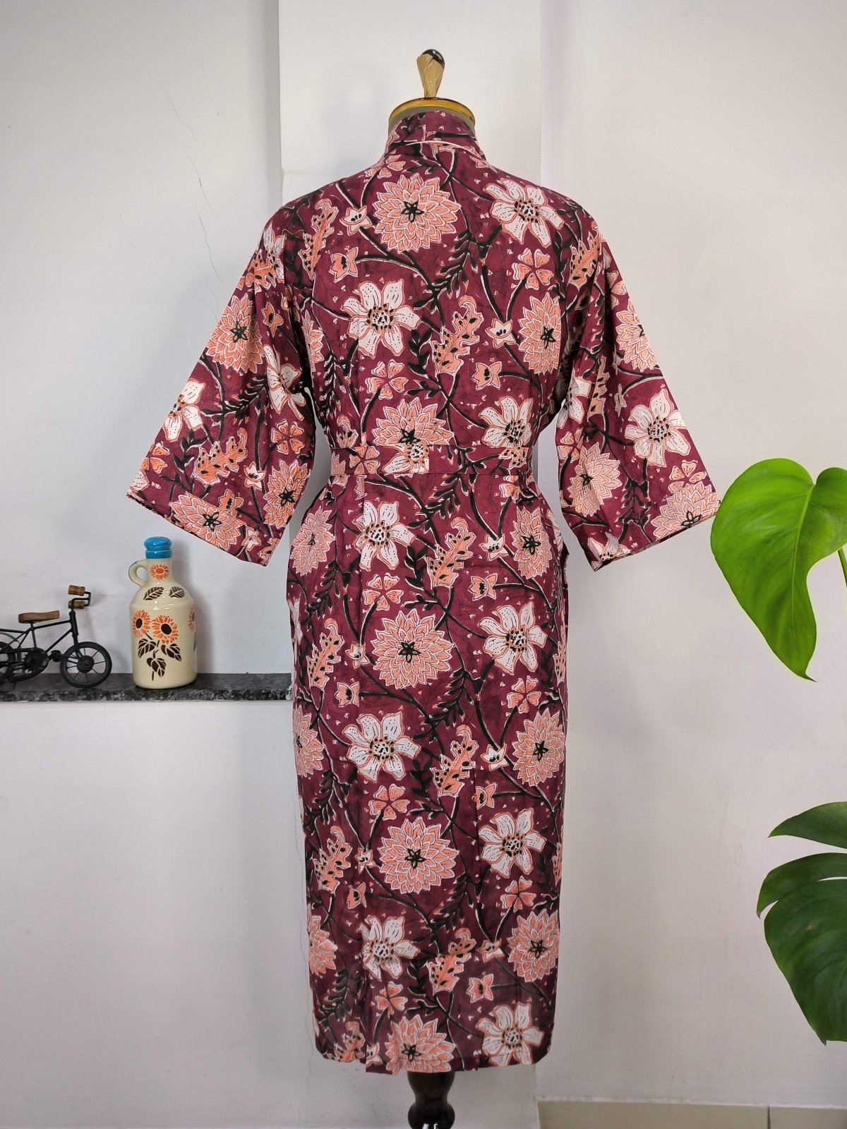 block-printed Cotton Kimono Robe in floral