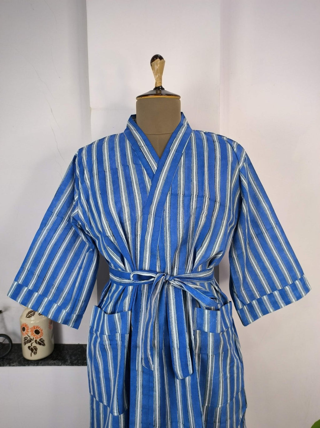 block-printed Cotton Kimono Robe in floral