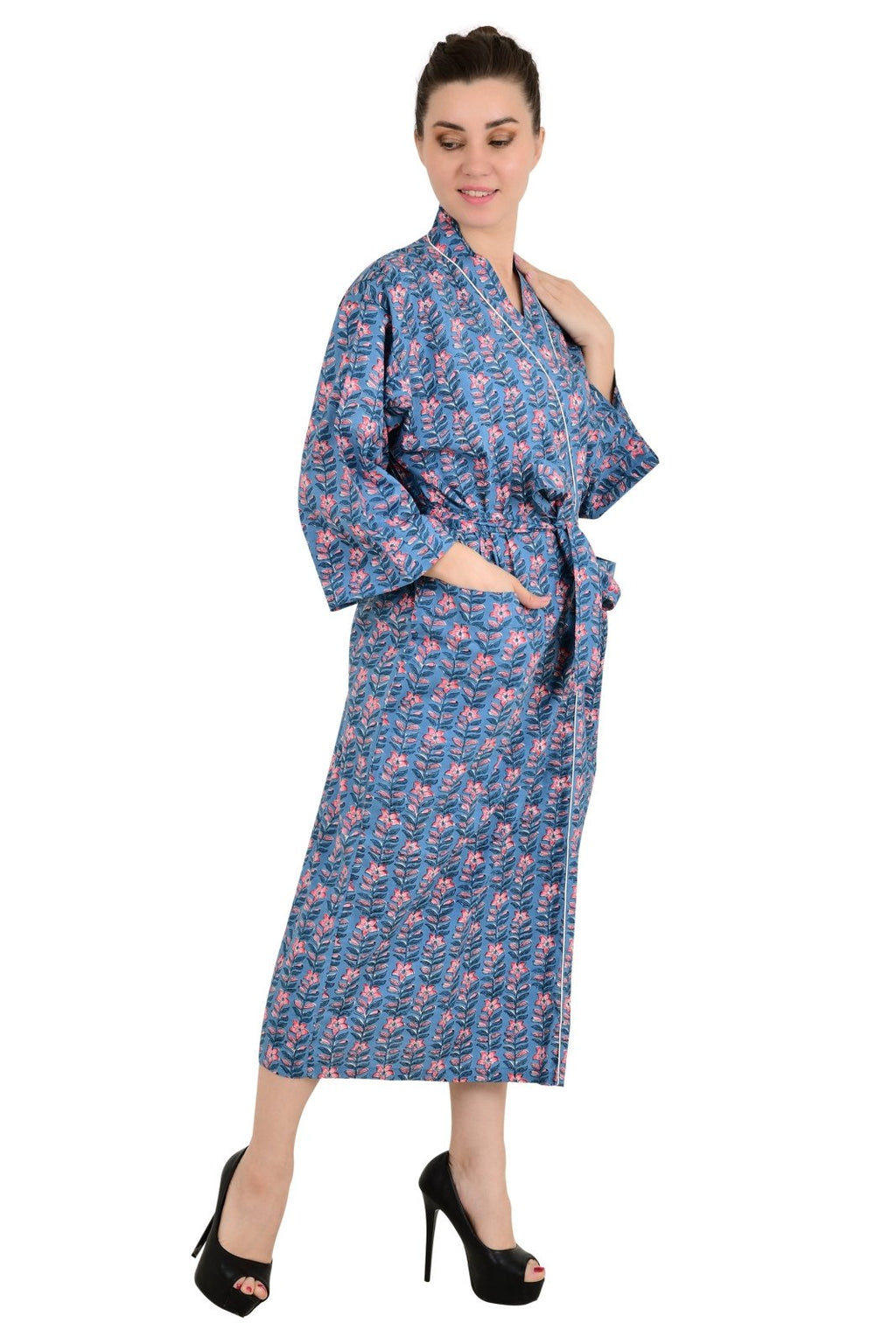 block-printed Cotton Kimono Robe in floral