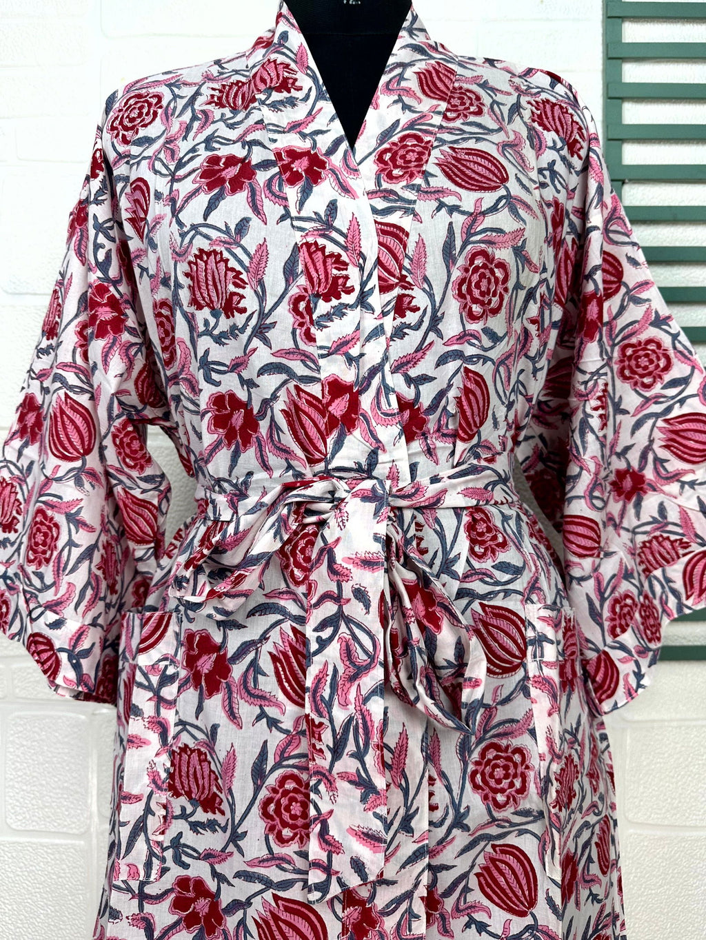 block-printed Cotton Kimono Robe in floral