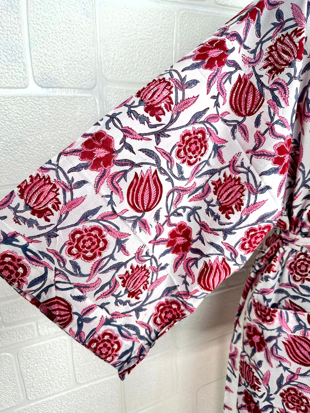 block-printed Cotton Kimono Robe in floral