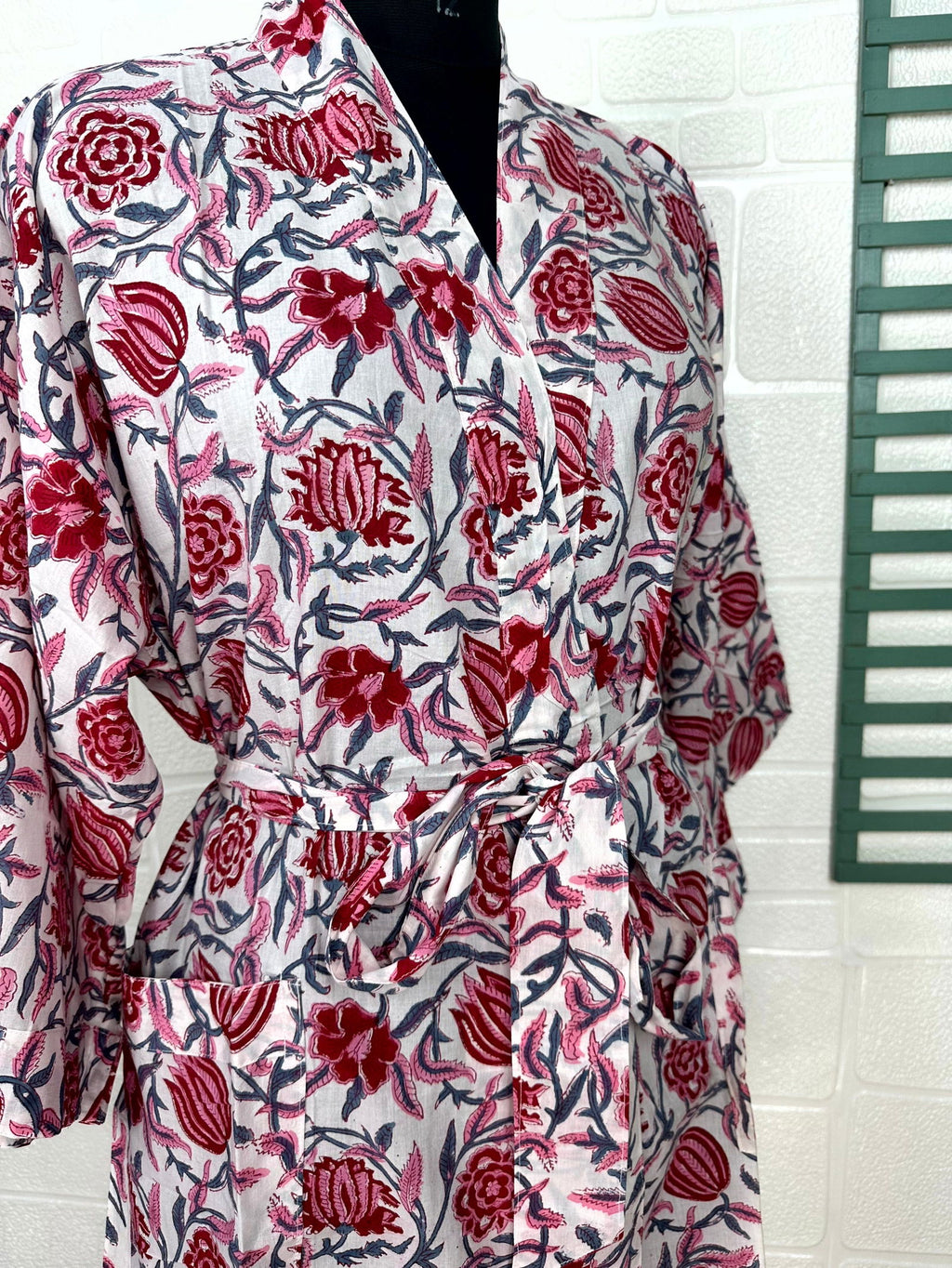 block-printed Cotton Kimono Robe in floral