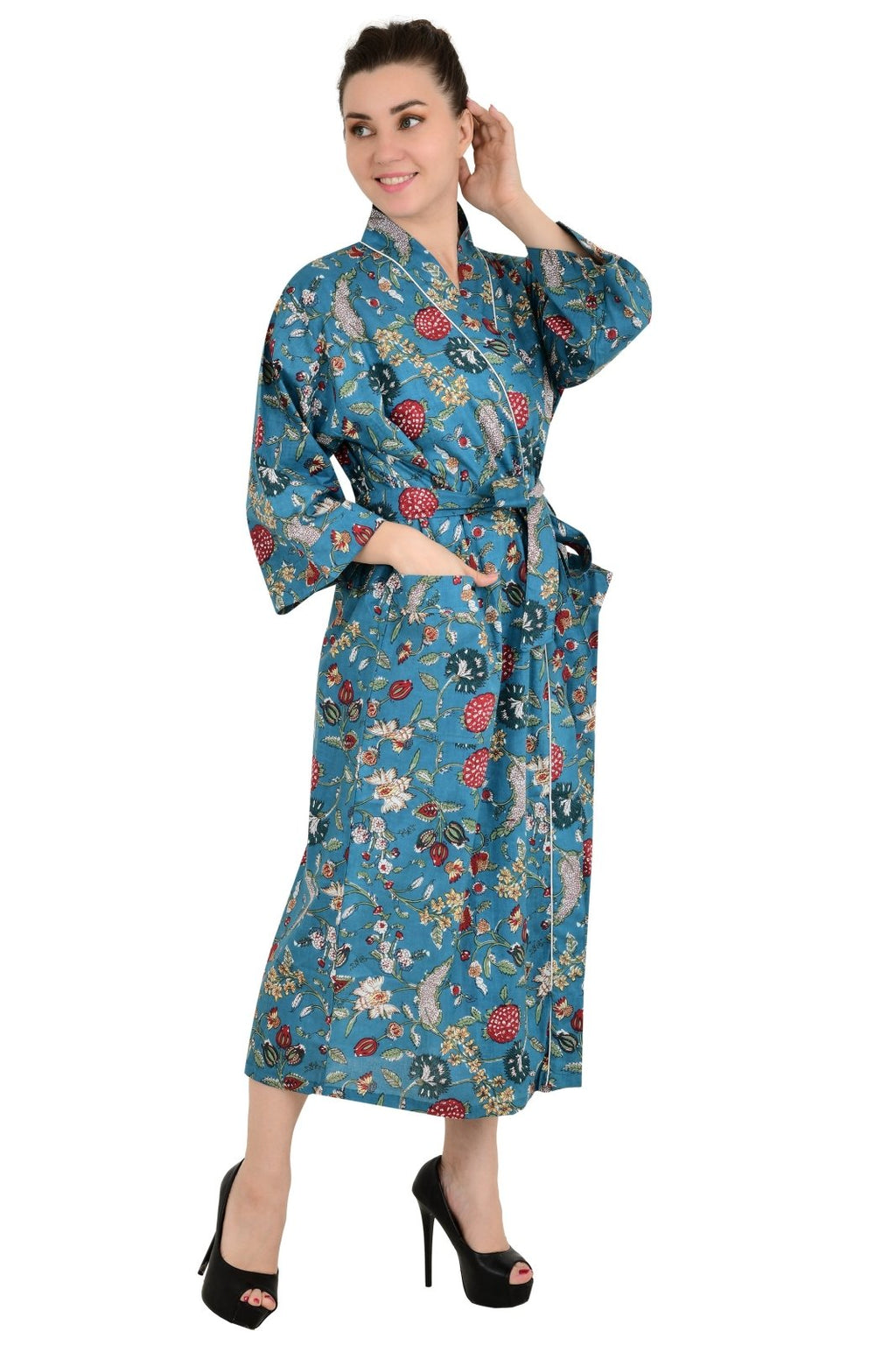 block-printed Cotton Kimono Robe in floral