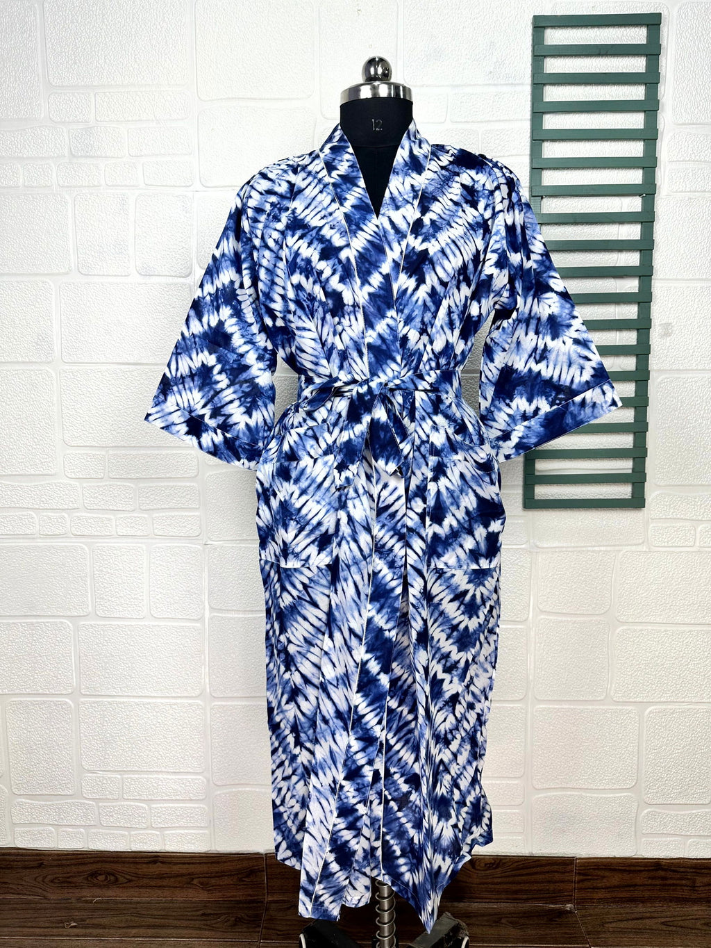 block-printed Cotton Kimono Robe in geometric