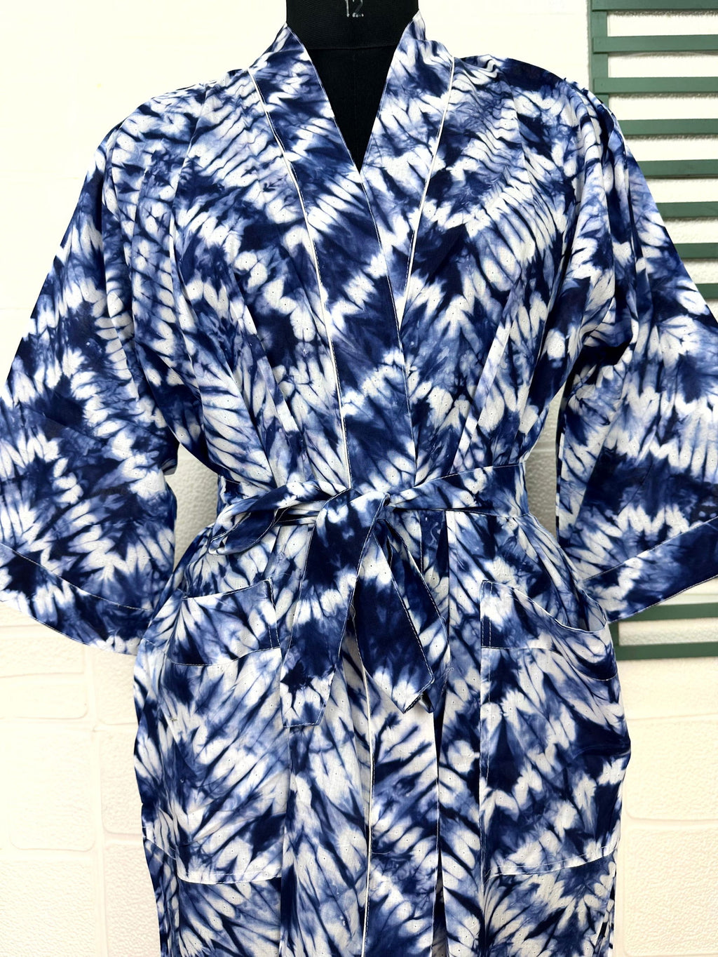 block-printed Cotton Kimono Robe in geometric