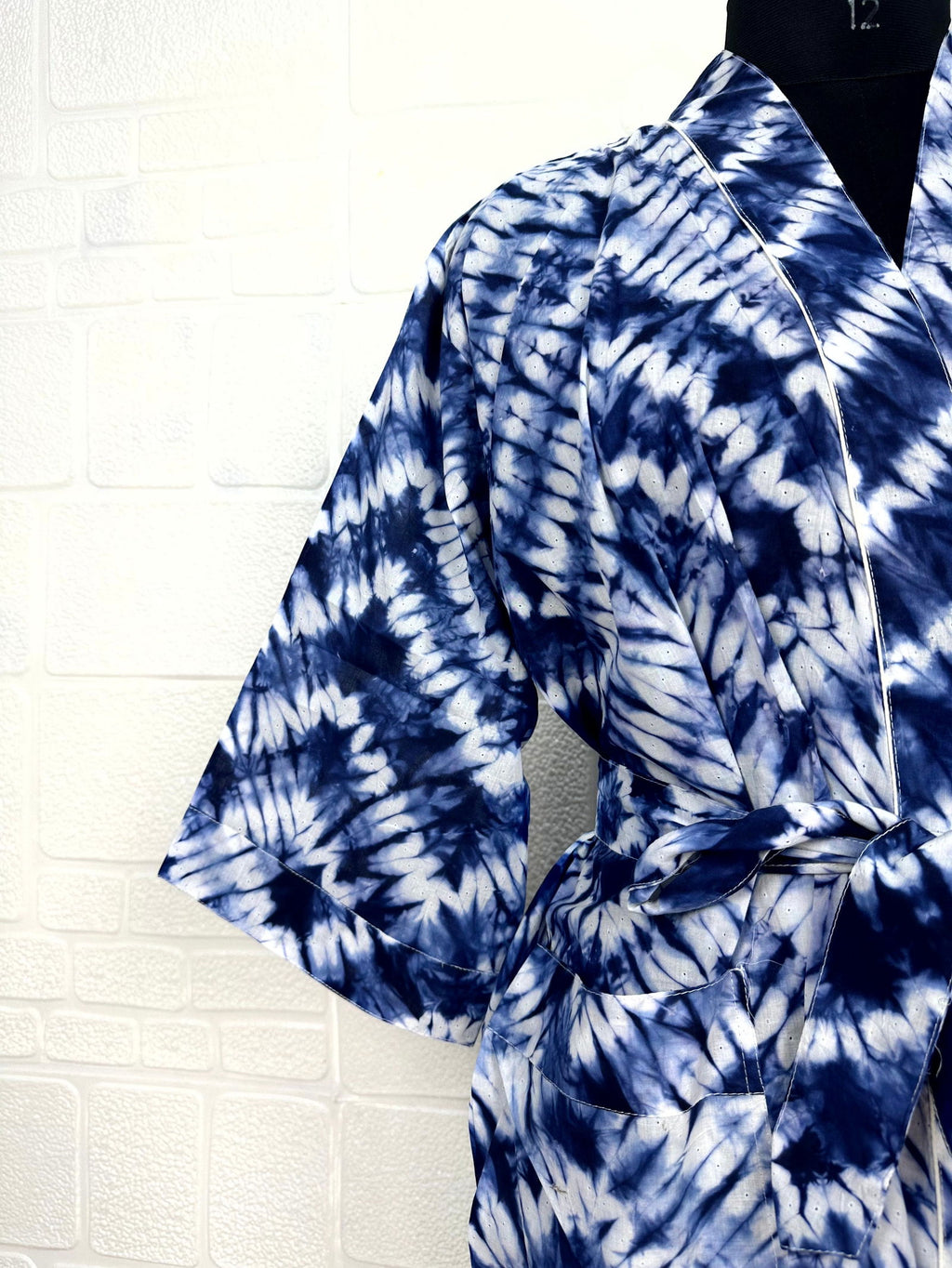 block-printed Cotton Kimono Robe in geometric