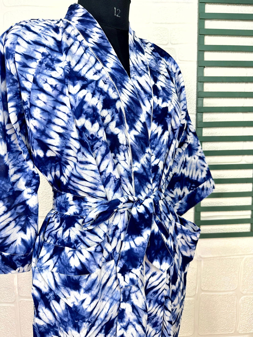 block-printed Cotton Kimono Robe in geometric