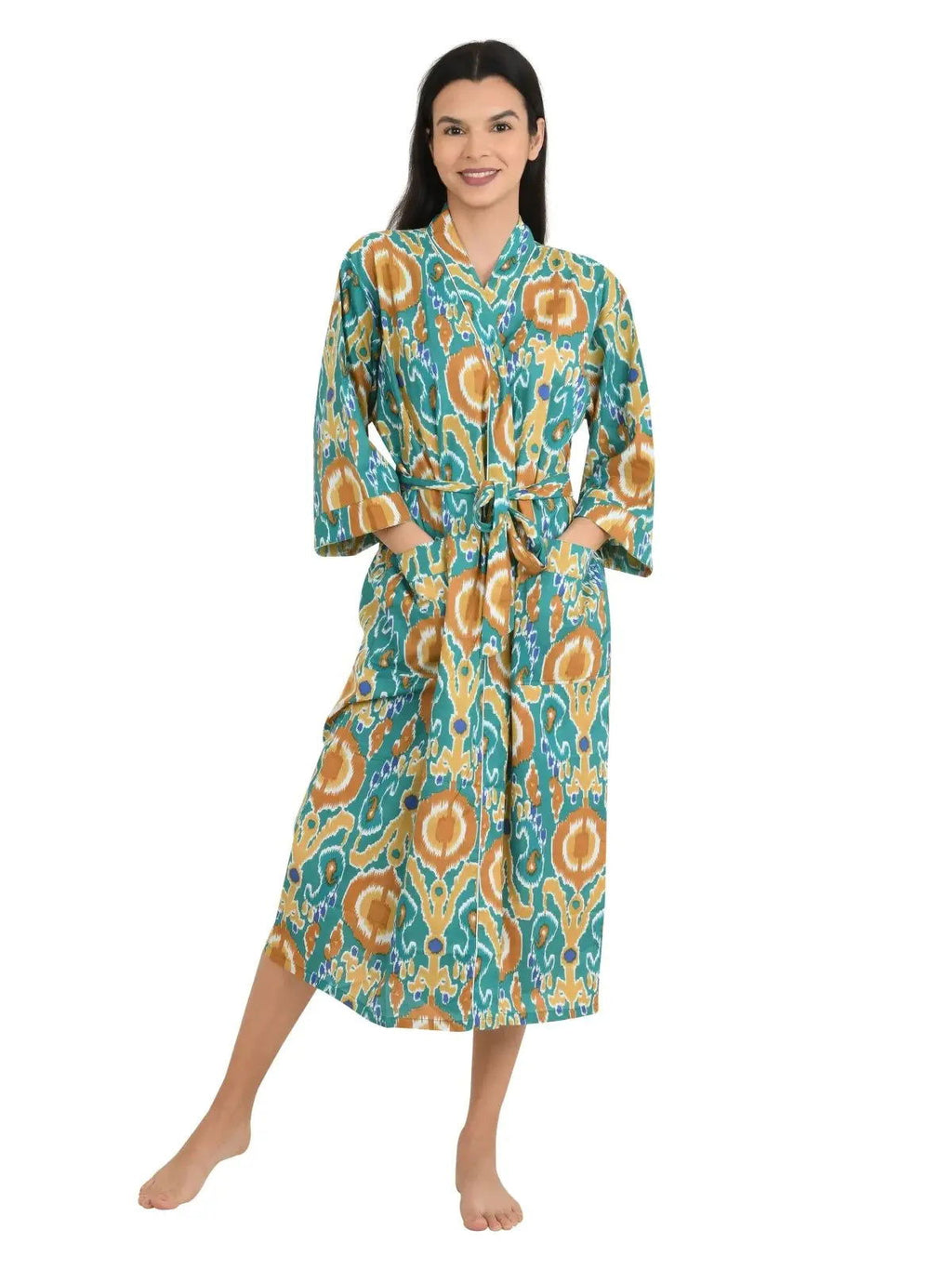 block-printed Cotton Kimono Robe in ikat