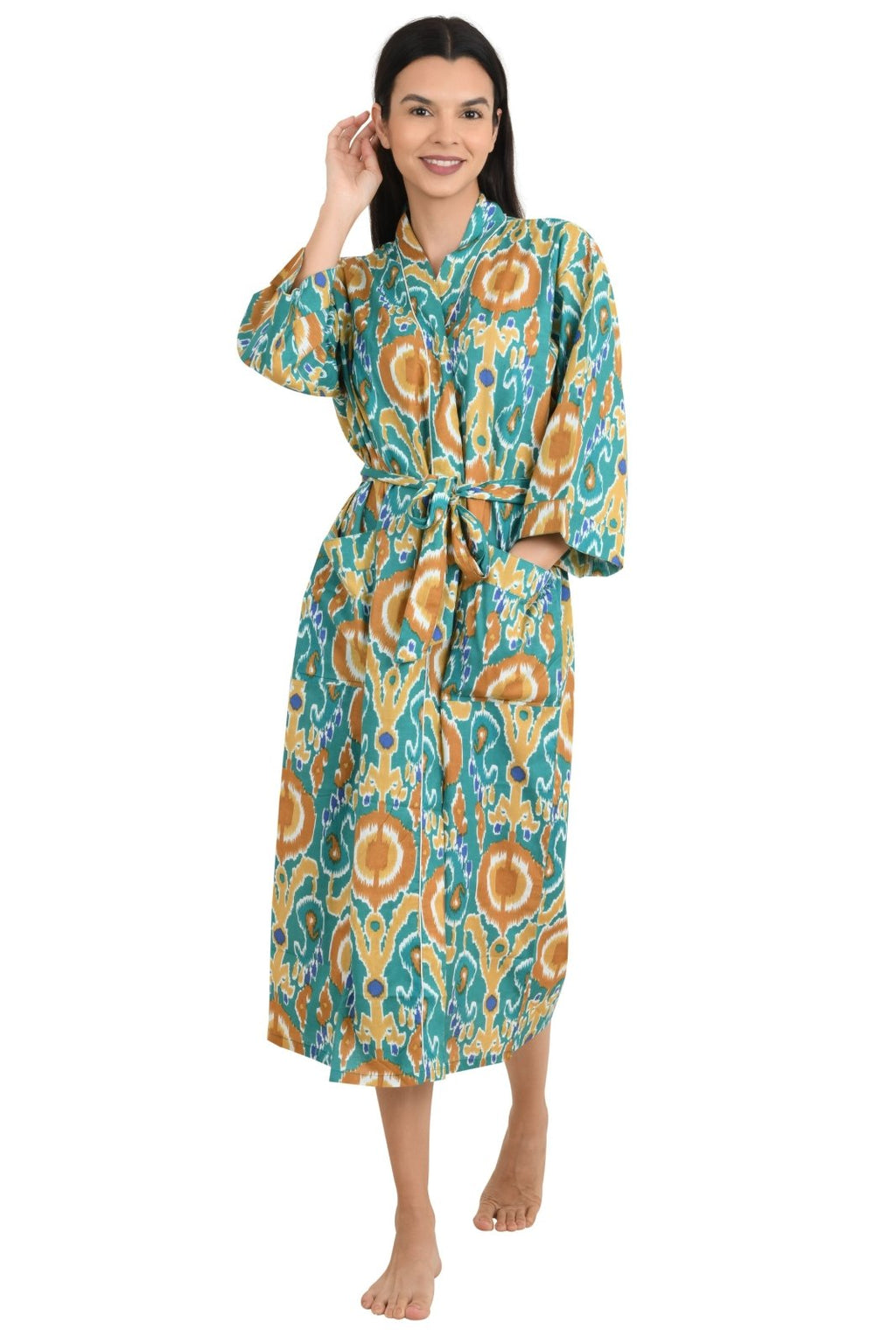 block-printed Cotton Kimono Robe in ikat