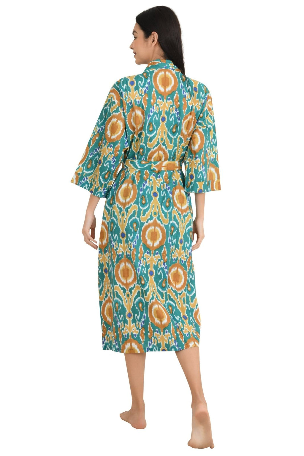 block-printed Cotton Kimono Robe in ikat
