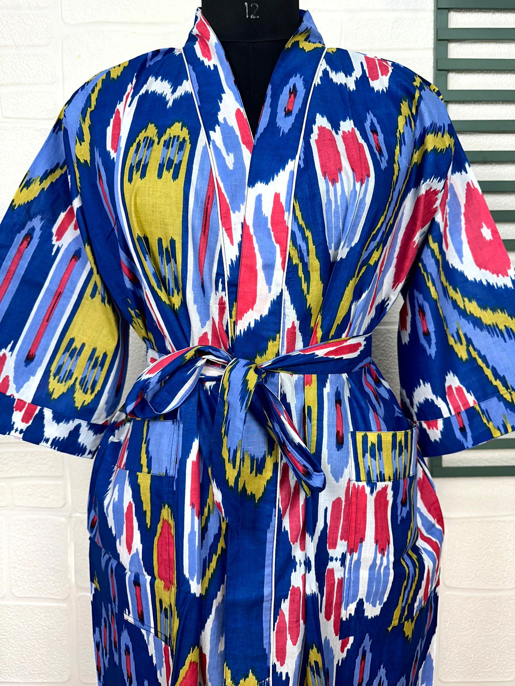 block-printed Cotton Kimono Robe in ikat