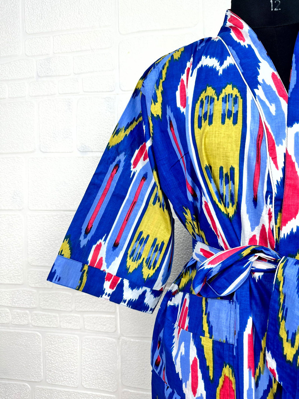 block-printed Cotton Kimono Robe in ikat