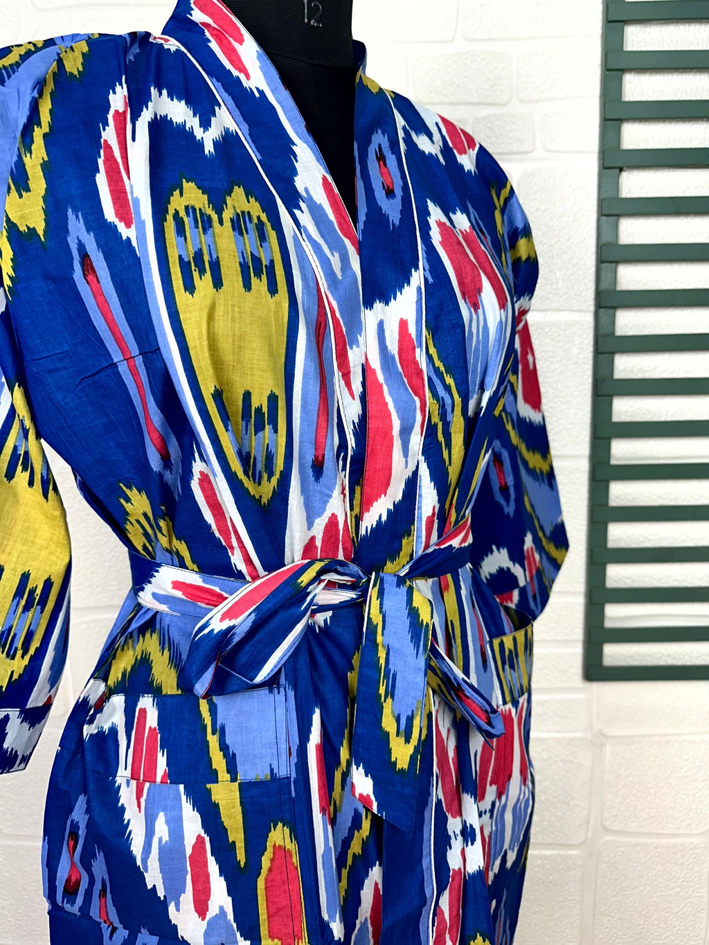 block-printed Cotton Kimono Robe in ikat